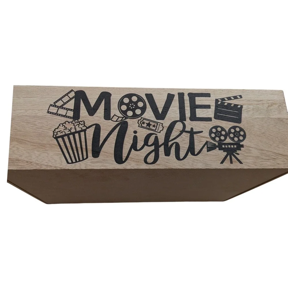 Movie Night Wooden Snack Caddy Rustic Popcorn Tray Cinema‎ Decor 11.8x8.6x3.5in